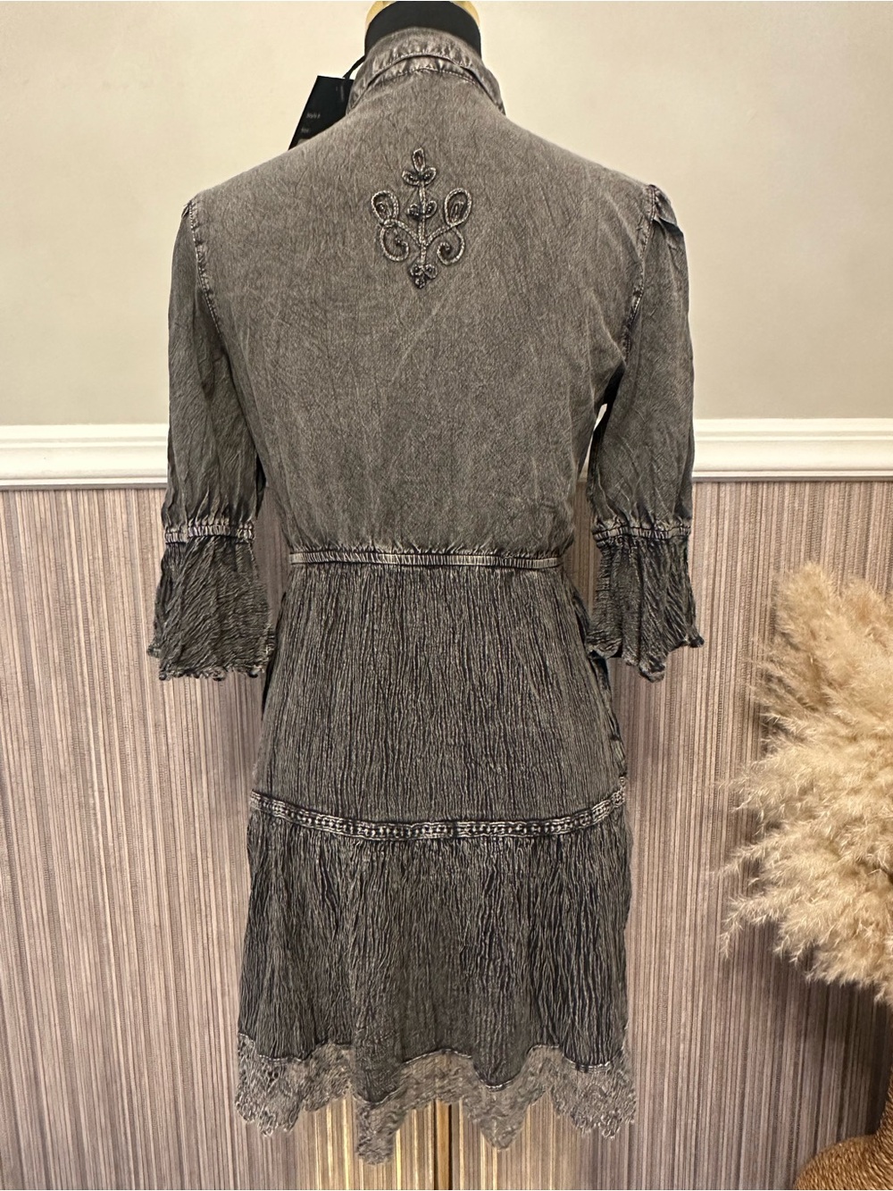 Young Threads Charcoal Embroidered Boho Mini Dress Beaded Lace Hem Small - Picture 7 of 12